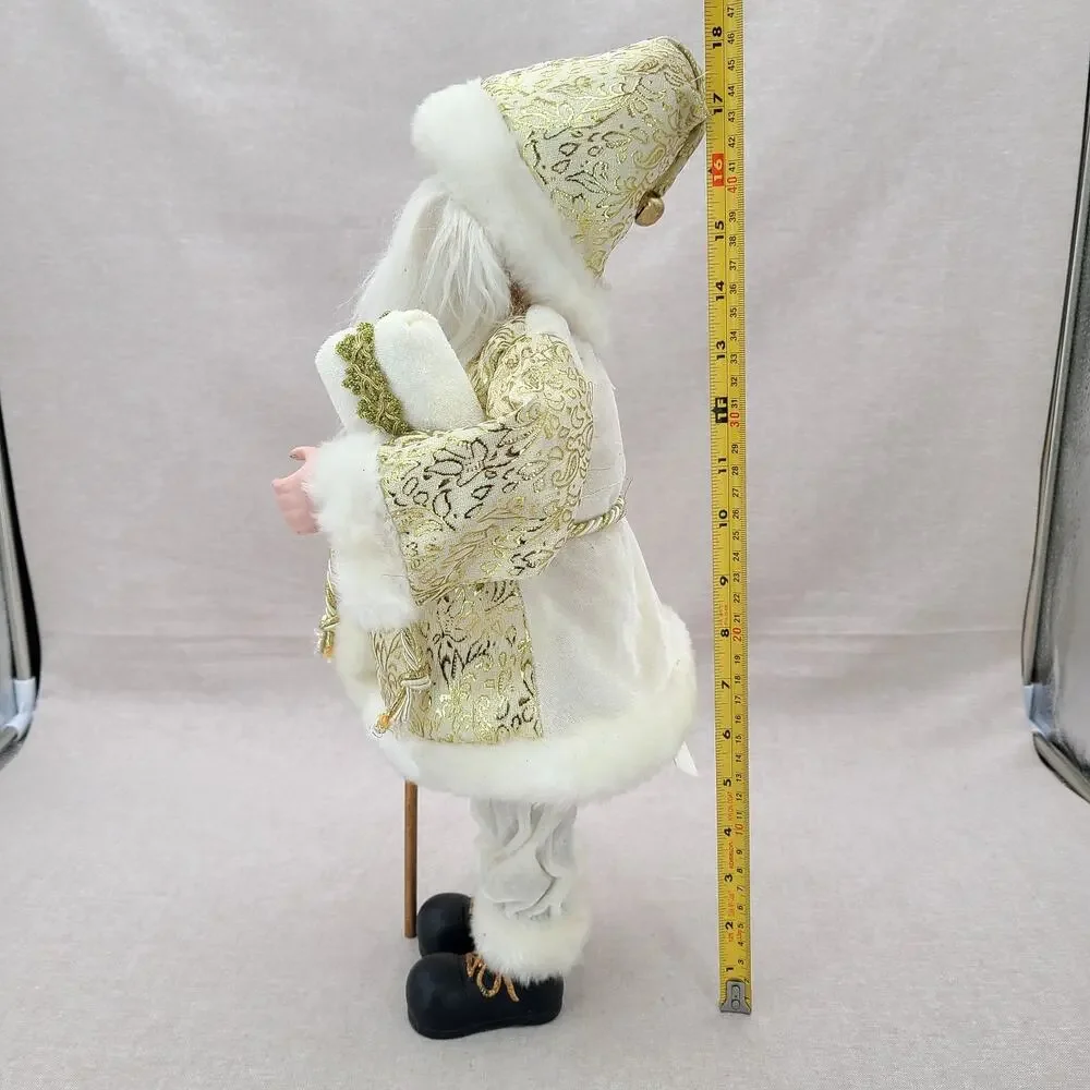 Vintage Santa Claus Figurine - White Gold With Staff, Faux Fur Trim - 18